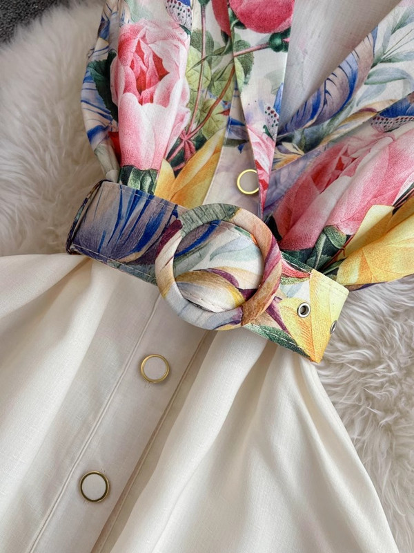 Elegáns nyári nyomtatás Virágos hosszú ruha, ujjatlan női, hornyolt egysoros öv, strandparti Vestidos vászonruházat