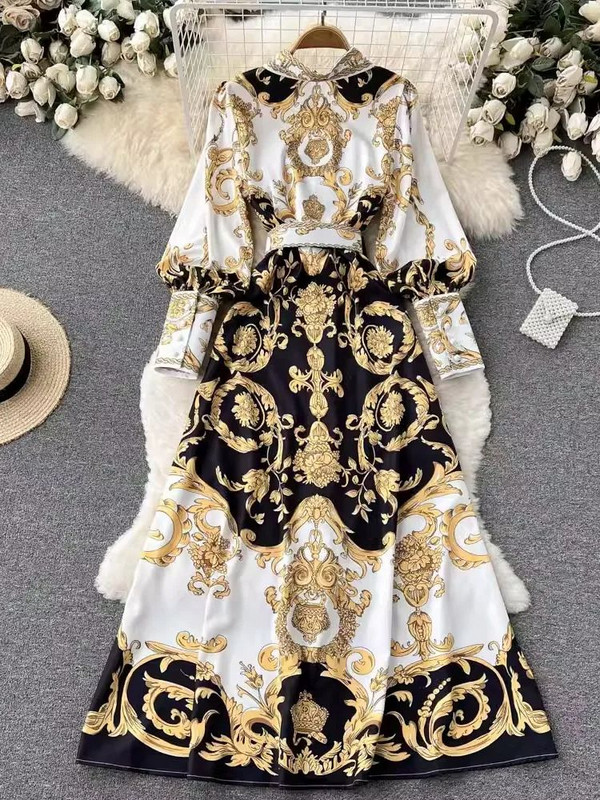 Női Runway barokk hosszú ruha tavaszi őszi divat hajtóka gallér lámpás ujjú arany virágmintás öv ing köntös Vestidos