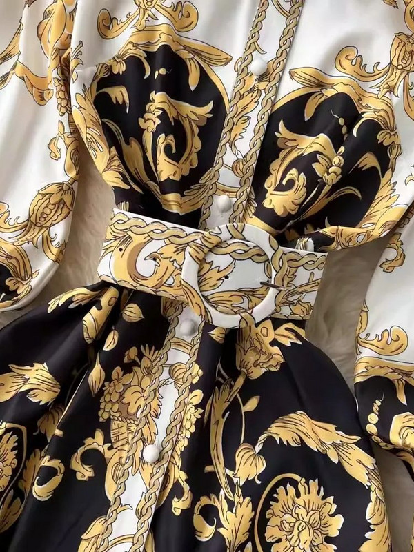 Női Runway barokk hosszú ruha tavaszi őszi divat hajtóka gallér lámpás ujjú arany virágmintás öv ing köntös Vestidos