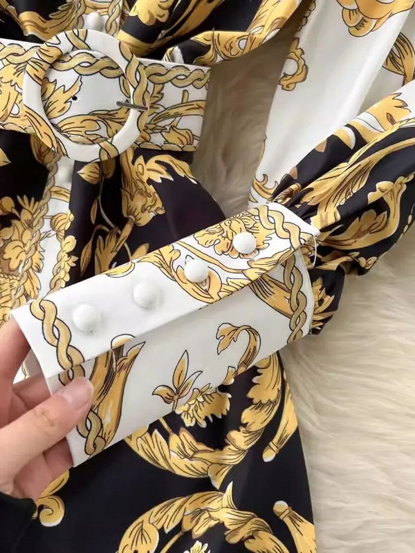 Női Runway barokk hosszú ruha tavaszi őszi divat hajtóka gallér lámpás ujjú arany virágmintás öv ing köntös Vestidos