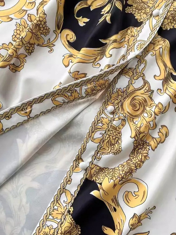 Női Runway barokk hosszú ruha tavaszi őszi divat hajtóka gallér lámpás ujjú arany virágmintás öv ing köntös Vestidos