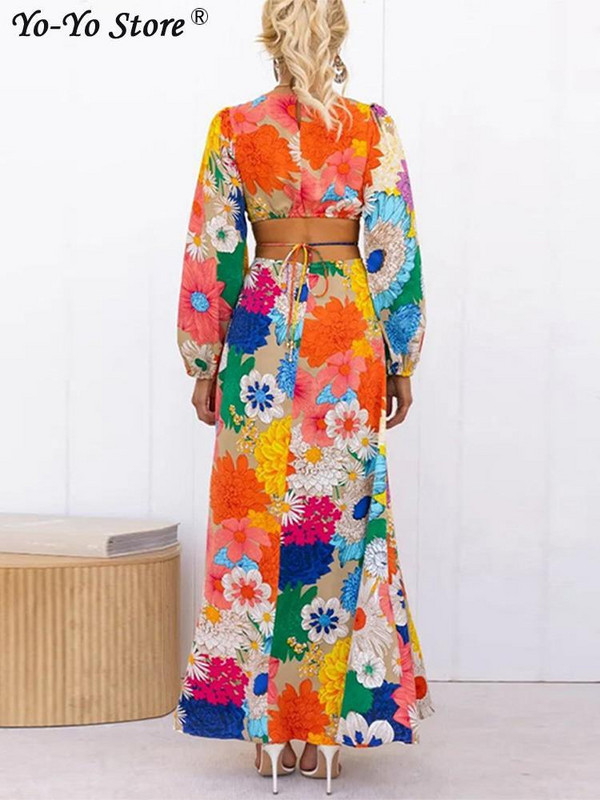 Színes virágmintás ruha Női, hosszú ujjú, O-nyakú pántos derékpántos, háttámla nélküli ruhák Női divat Ünnep Lady Vestidos