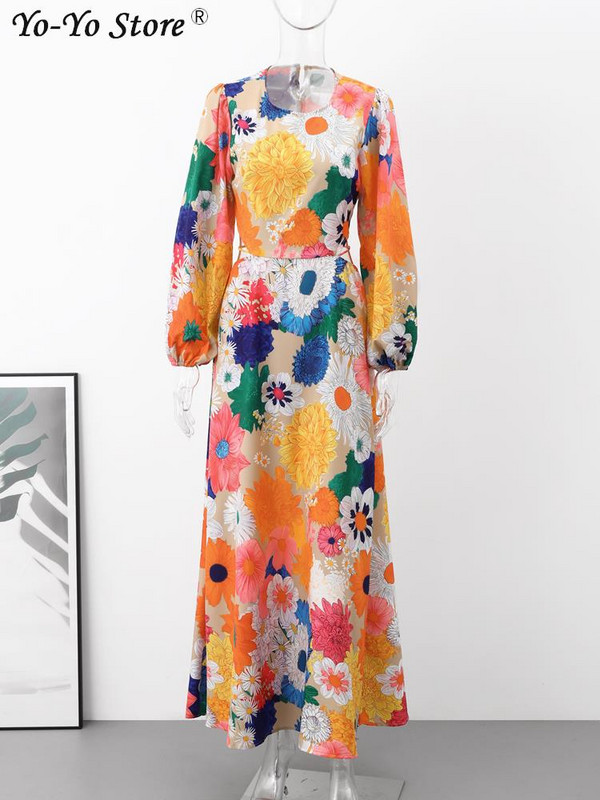 Színes virágmintás ruha Női, hosszú ujjú, O-nyakú pántos derékpántos, háttámla nélküli ruhák Női divat Ünnep Lady Vestidos