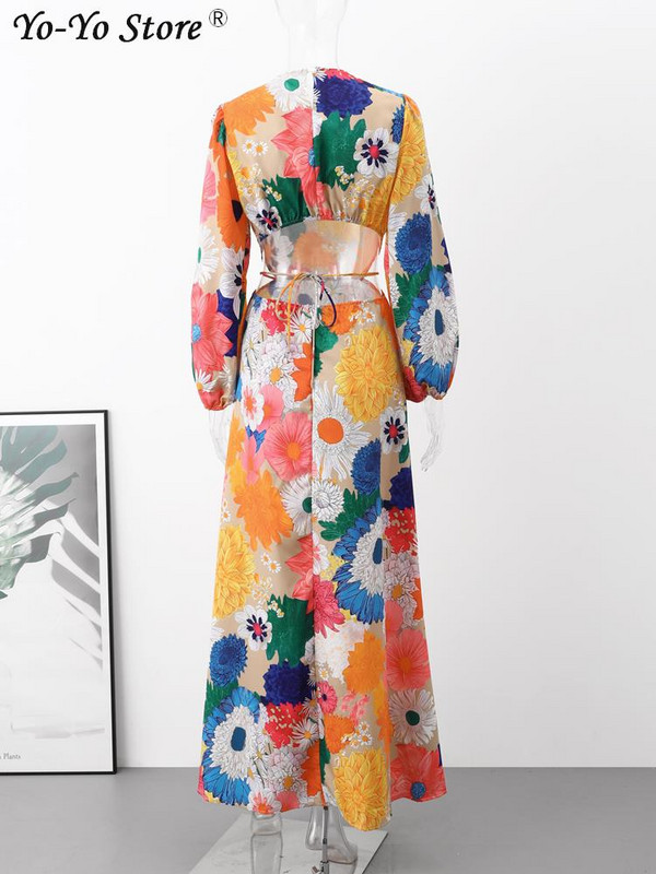 Színes virágmintás ruha Női, hosszú ujjú, O-nyakú pántos derékpántos, háttámla nélküli ruhák Női divat Ünnep Lady Vestidos