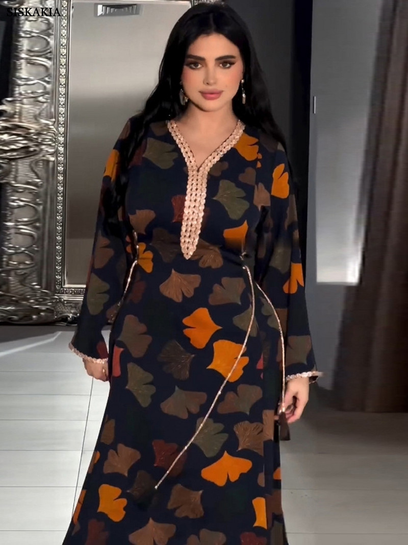 Siskakia muszlim divatnyomtatás gyémántok Elegáns parti öves hosszú ruhák Jalabiya marokkói török afrikai abaya szaúdi kaftán