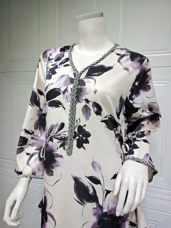 Marokkói női nyomtatás Alkalmi parti öves hosszú ruhák Jalabiya török iszlám ruházat muszlim Ramadan Eid 2024 Új