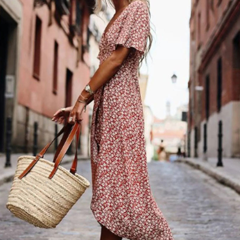Női Elegáns Mintás Nyomtatott Szabálytalan ruha Nyári divat Magas derekú, hosszú ruha Szexi, mély V-nyakú, rövid ujjú szegélyes parti ruha