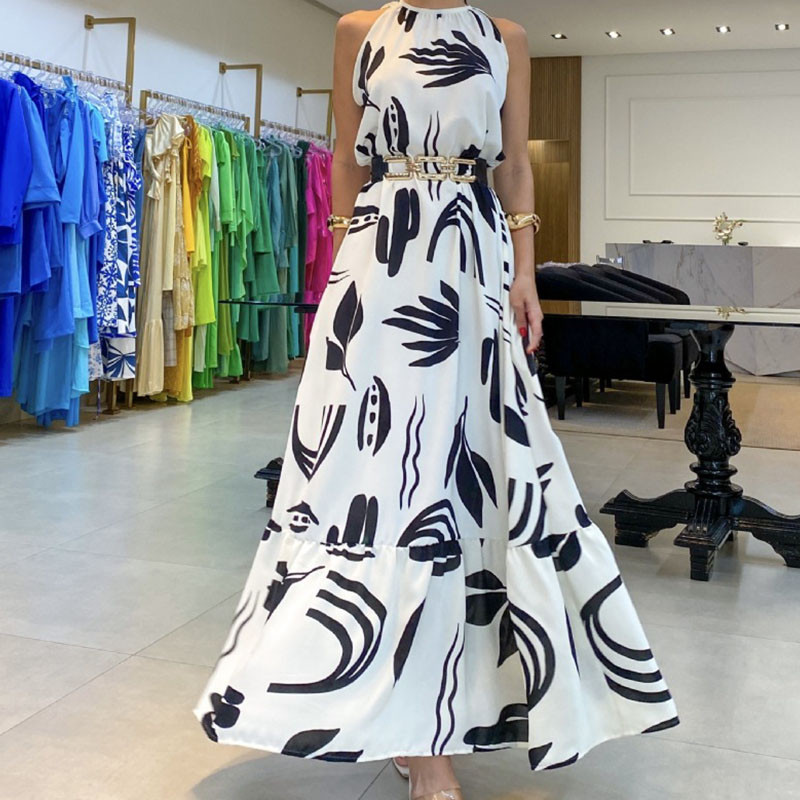 Elegáns mintás nyomat bő buliruha 2024 nyári divatos kerek nyakú redőzött hosszú ruha alkalmi ujjatlan Bohe Maxi ruhák