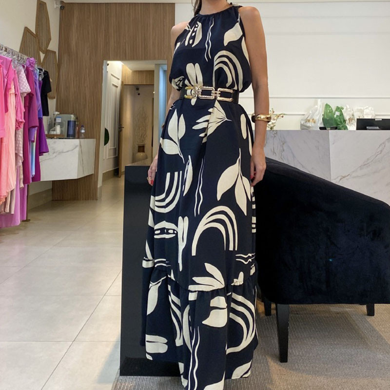 Elegáns mintás nyomat bő buliruha 2024 nyári divatos kerek nyakú redőzött hosszú ruha alkalmi ujjatlan Bohe Maxi ruhák