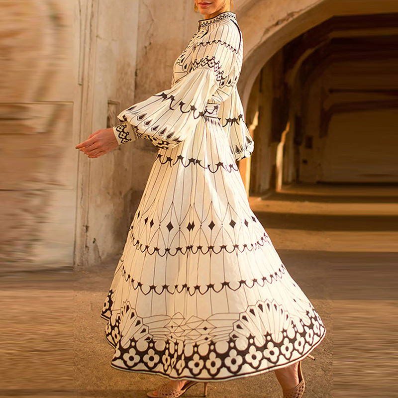 Vintage mintás, öves, fűzős hosszú ruha, női, alkalmi hosszú ujjú, redős, A-vonalú ruha, divatos, galléros, gombos partiruhák