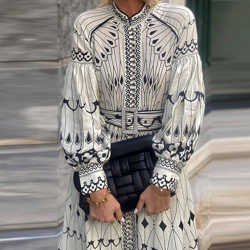 Vintage mintás, öves, fűzős hosszú ruha, női, alkalmi hosszú ujjú, redős, A-vonalú ruha, divatos, galléros, gombos partiruhák