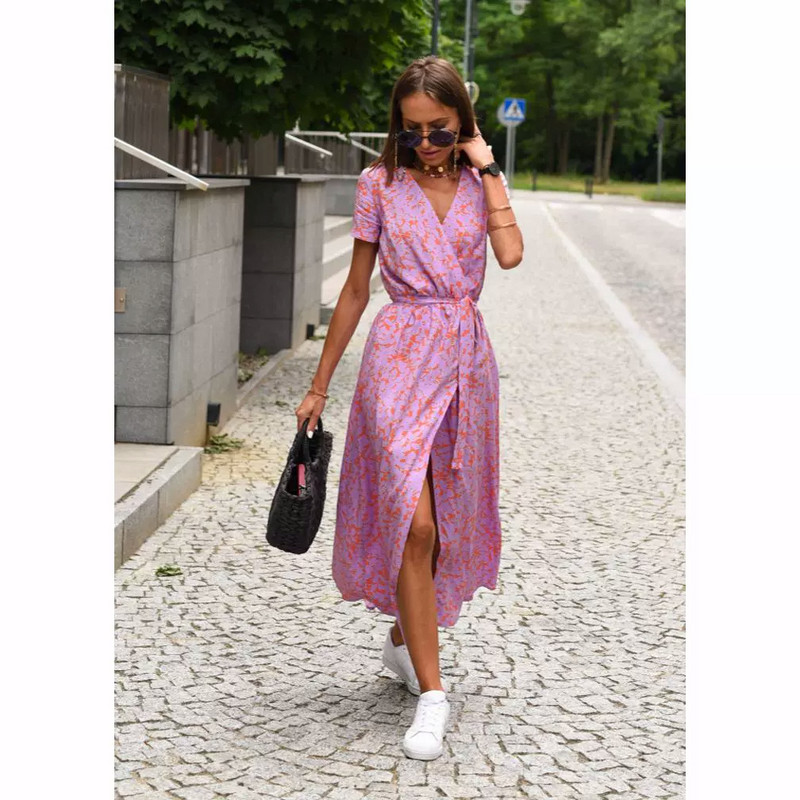 2024-es V-nyakú, rövid ujjú Bohe party ruha nyári női elegáns virágmintás hosszú ruha divatos redőzött derék fűzős maxi ruha