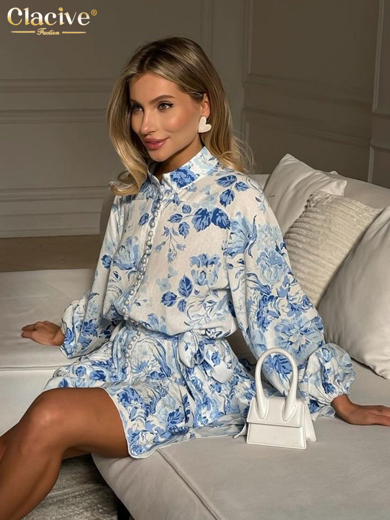 Clacive Fashion laza mintás női ruha 2024-es vintage hajtókás, felfújható ujjú miniruhák Elegáns, fűzős, redőzött női ruha