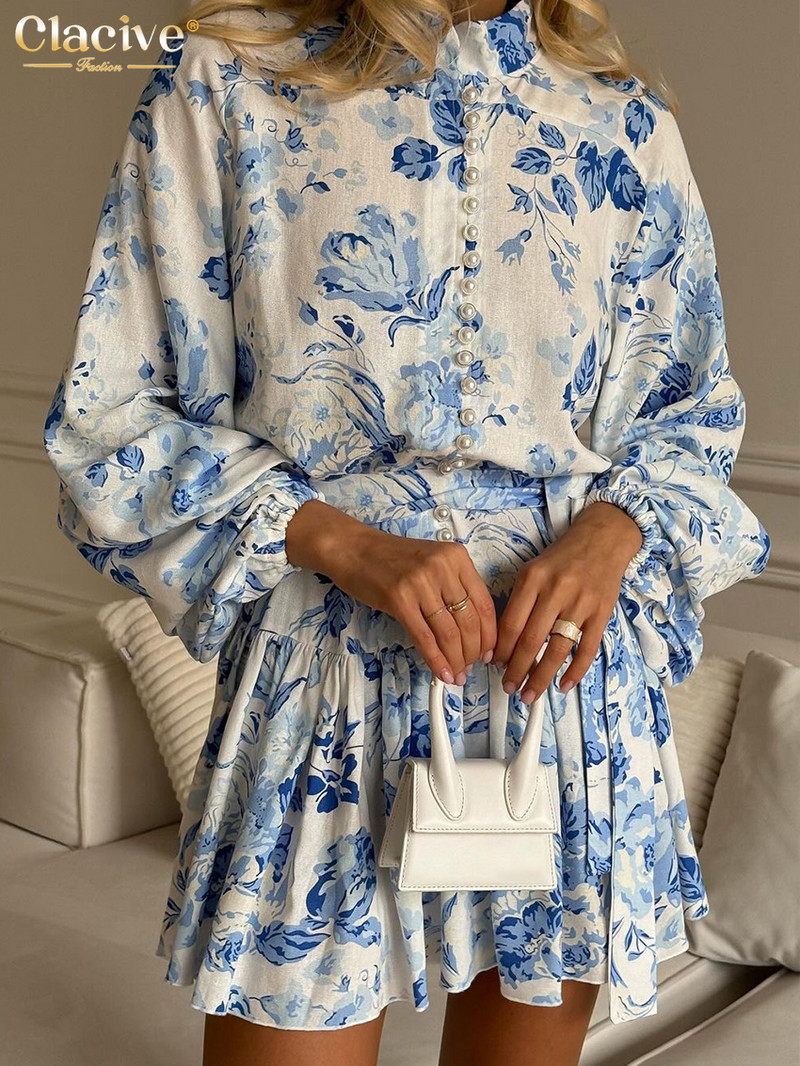 Clacive Fashion laza mintás női ruha 2024-es vintage hajtókás, felfújható ujjú miniruhák Elegáns, fűzős, redőzött női ruha