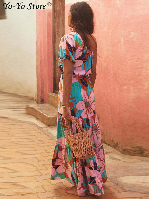 Női virágmintás, egy vállú ruha övekkel, rövid, felfújható ujjú, magas derékú, fűzős ruhák Elegáns női ünnepi köntös