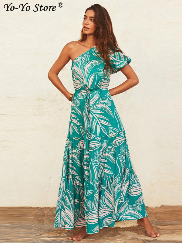 Női virágmintás, egy vállú ruha övekkel, rövid, felfújható ujjú, magas derékú, fűzős ruhák Elegáns női ünnepi köntös