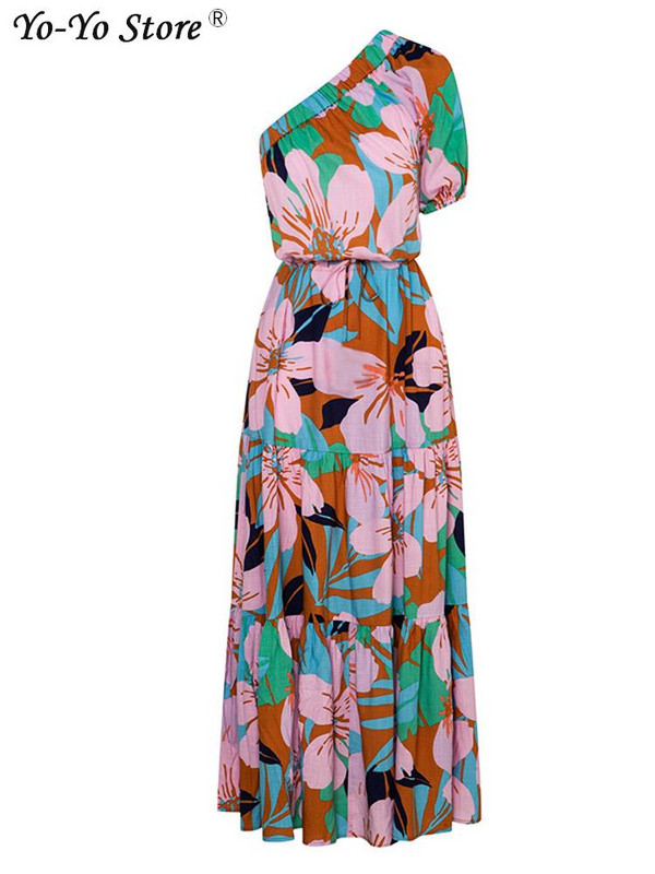 Női virágmintás, egy vállú ruha övekkel, rövid, felfújható ujjú, magas derékú, fűzős ruhák Elegáns női ünnepi köntös