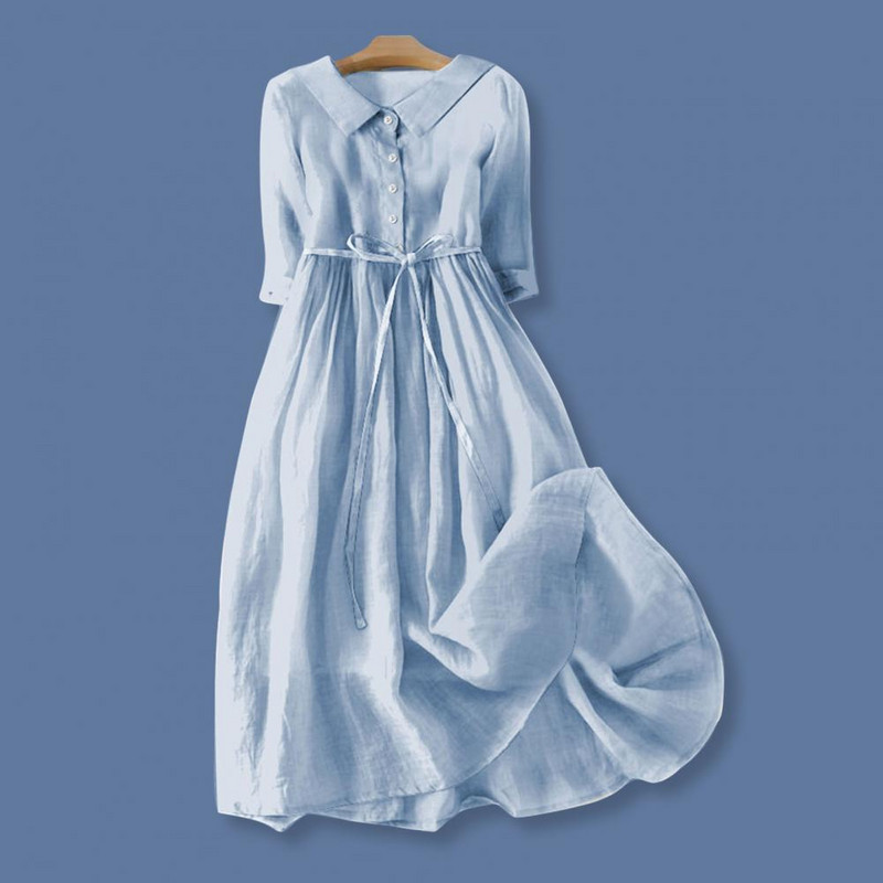 Női tavaszi ruha, virágmintás középső ujjú hajtóka V nyakú, fűzős, magas derekú A-vonalú félegysoros bohém redős Midi Dre