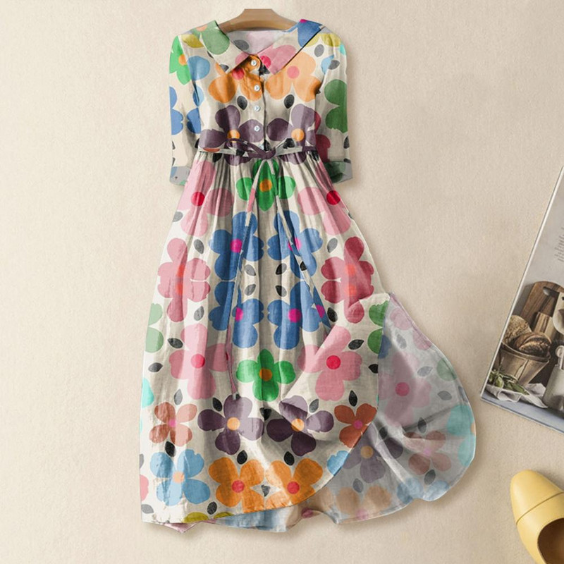 Női tavaszi ruha, virágmintás középső ujjú hajtóka V nyakú, fűzős, magas derekú A-vonalú félegysoros bohém redős Midi Dre