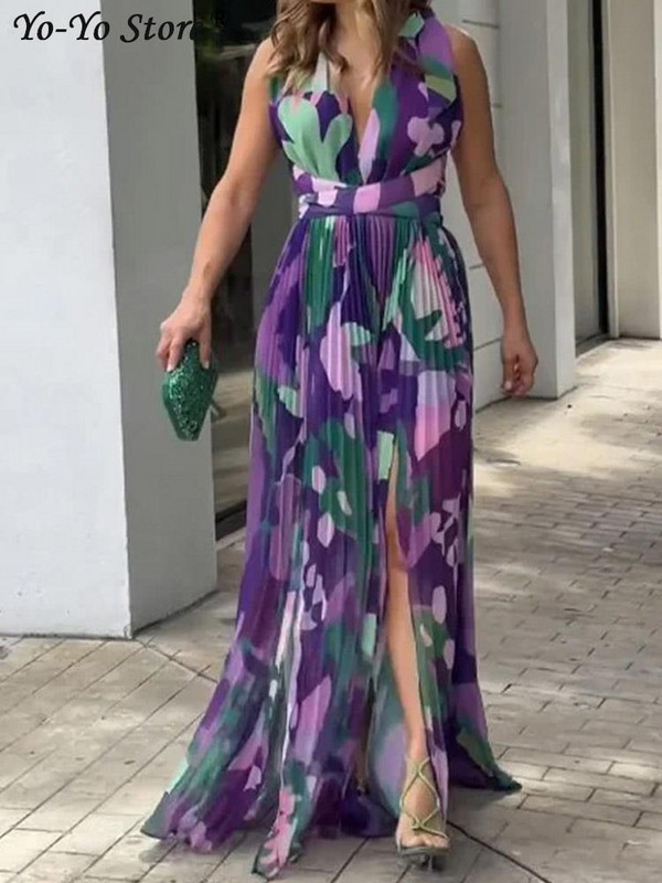 Háttámla nélküli nyomtatott, ujjatlan női ruha V-nyakú, fűzős, hasított, redőzött derékruha 2024-es nyári elegáns, vékony női köntös