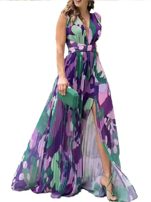 Háttámla nélküli nyomtatott, ujjatlan női ruha V-nyakú, fűzős, hasított, redőzött derékruha 2024-es nyári elegáns, vékony női köntös