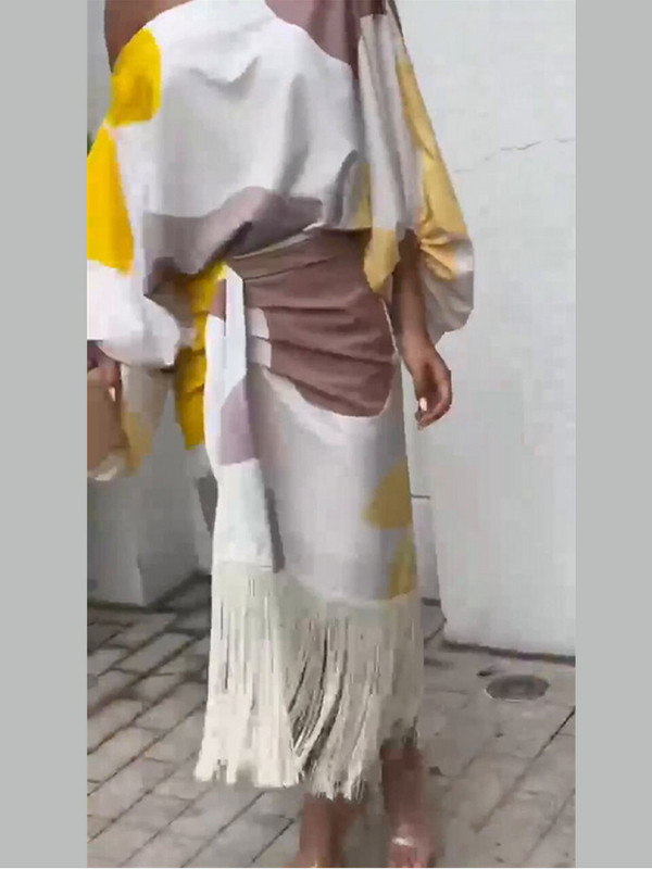 Divatmintás lámpás ujjú, kétrészes női öltönyök, bő, szabálytalan felső, bojtos redős szoknya öltöny, 2024 tavaszi nyári női szett