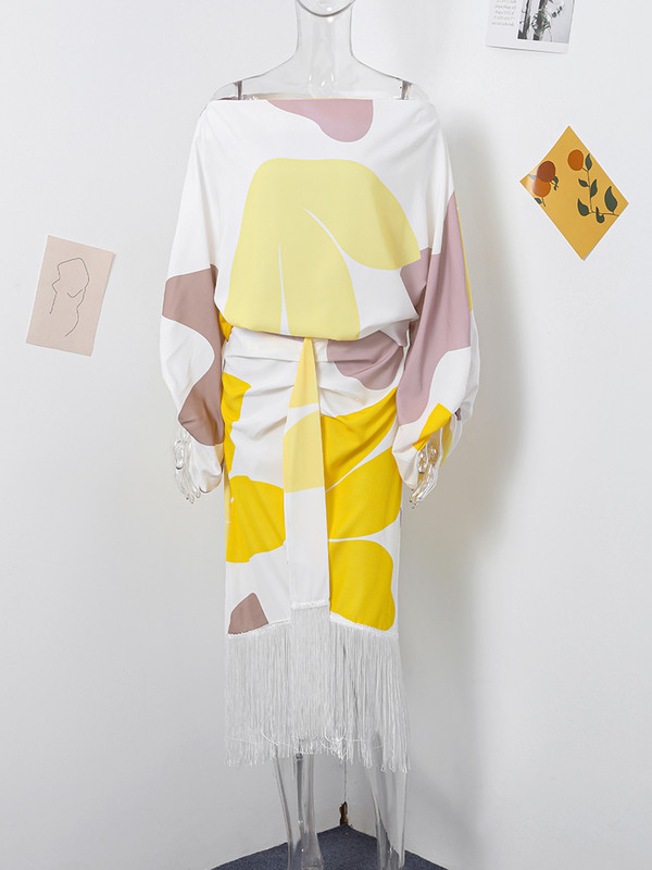 Divatmintás lámpás ujjú, kétrészes női öltönyök, bő, szabálytalan felső, bojtos redős szoknya öltöny, 2024 tavaszi nyári női szett