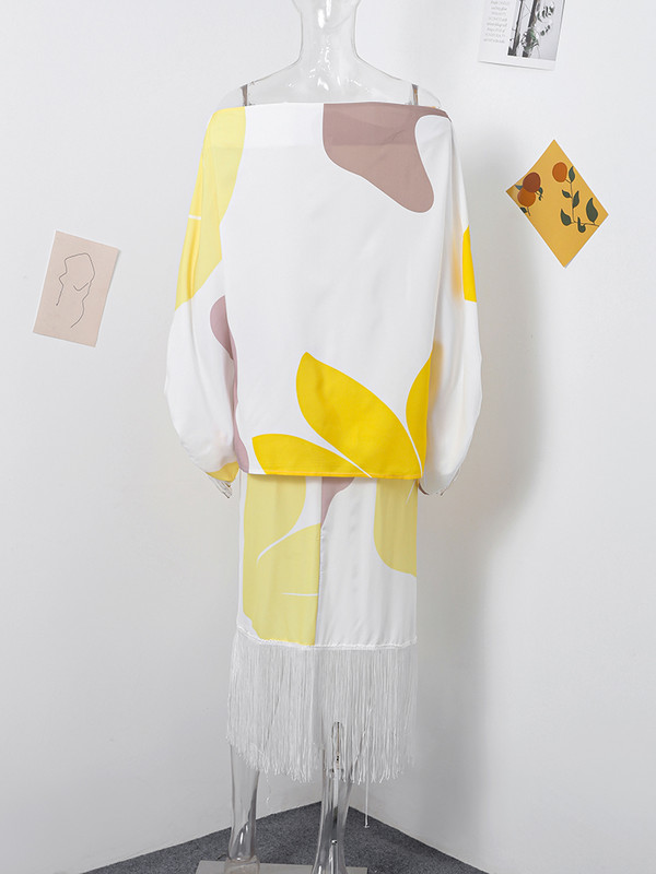 Divatmintás lámpás ujjú, kétrészes női öltönyök, bő, szabálytalan felső, bojtos redős szoknya öltöny, 2024 tavaszi nyári női szett