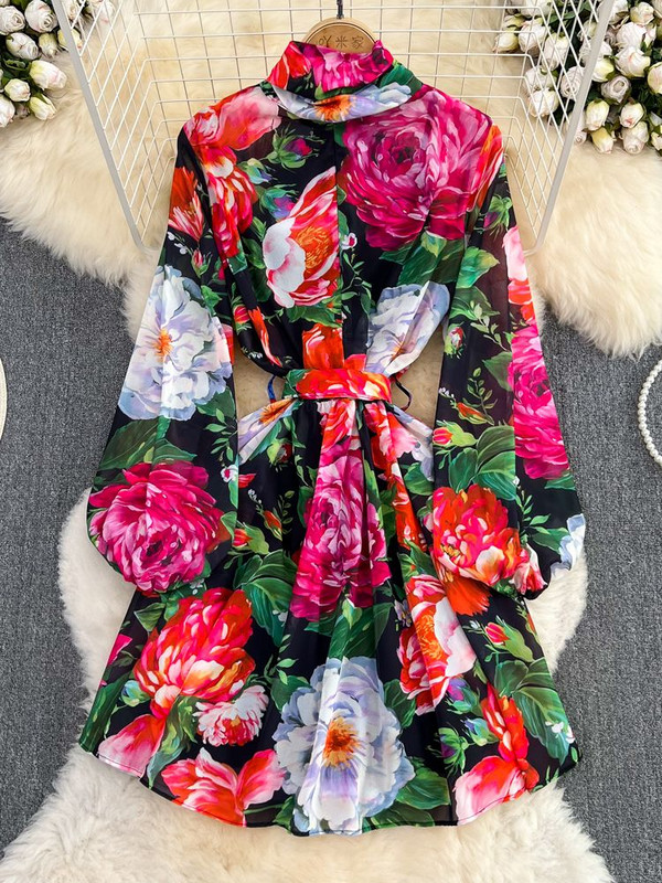 Nyári divat rózsa virágos ruha női garbó masni gallér hosszú ujjú virágmintás sifon fűzős Runway Party Vestidos