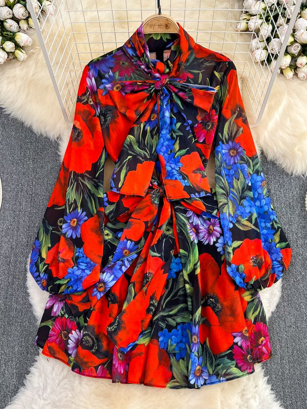 Nyári divat rózsa virágos ruha női garbó masni gallér hosszú ujjú virágmintás sifon fűzős Runway Party Vestidos