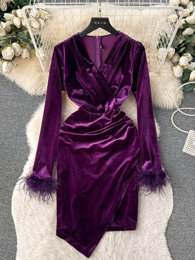 Eleganta rudens V kakla spalvu ar garām piedurknēm dzimšanas dienas bodycon mini kleita sieviešu tērpi ballīšu klubs Sexy Split Velvet Vestidos