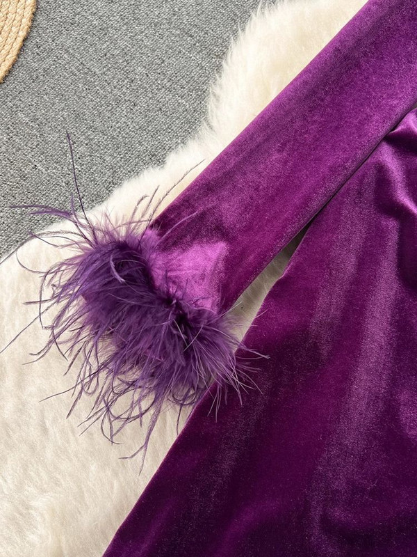 Elegáns őszi V nyakú toll hosszú ujjú születésnapi Bodycon mini ruha Női ruhák Party Club szexi hasított bársony Vestidos