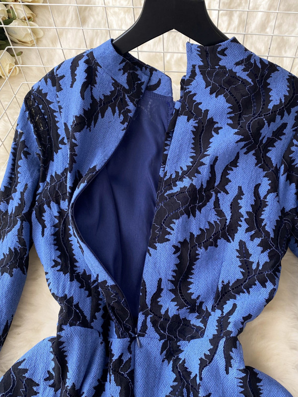 FTLZZ őszi téli elegáns női állógalléros, fodros midi ruha Vintage Lady Empire vékony, A-vonalú mintás ruha övvel