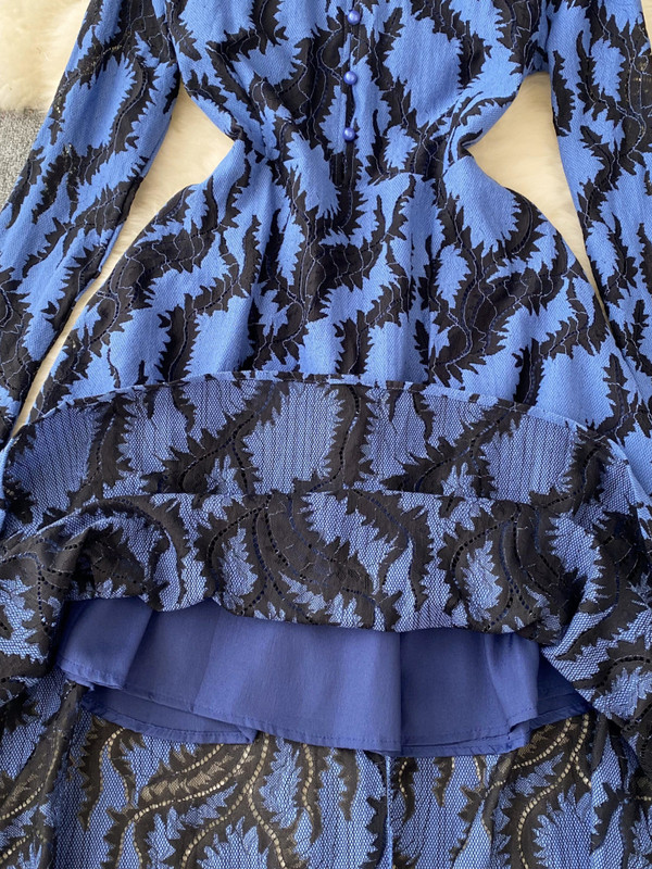 FTLZZ őszi téli elegáns női állógalléros, fodros midi ruha Vintage Lady Empire vékony, A-vonalú mintás ruha övvel