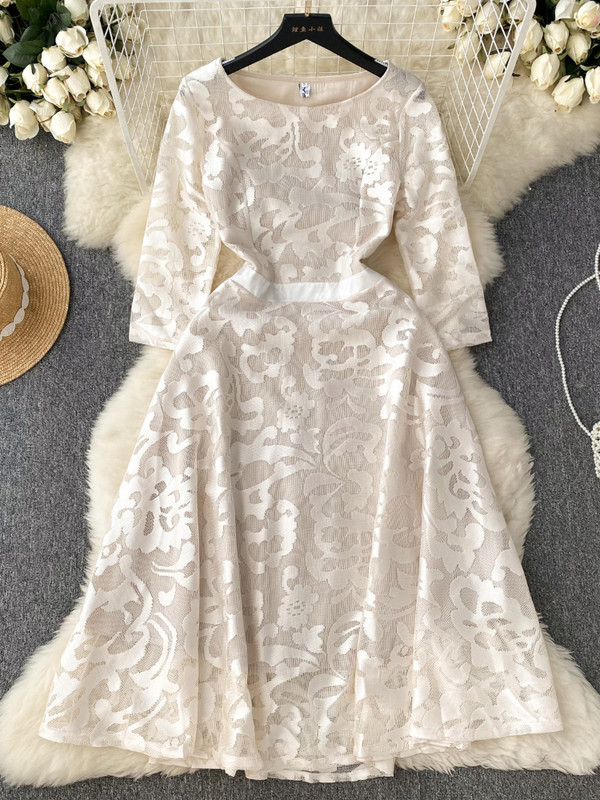 FTLZZ Nyári Őszi Elegáns Női O-nyakú, háromnegyedes ujjú, térdig érő ruha Vintage női csipkehálós patchwork fodros ruha