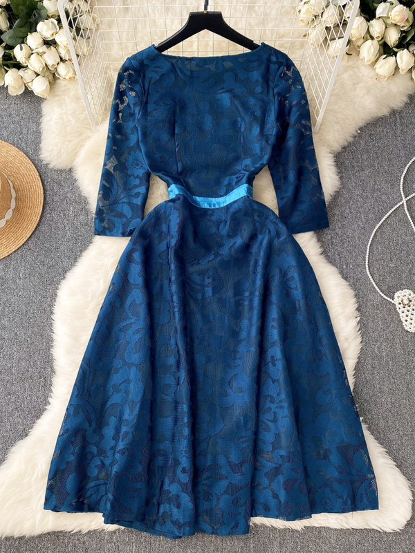 FTLZZ Nyári Őszi Elegáns Női O-nyakú, háromnegyedes ujjú, térdig érő ruha Vintage női csipkehálós patchwork fodros ruha