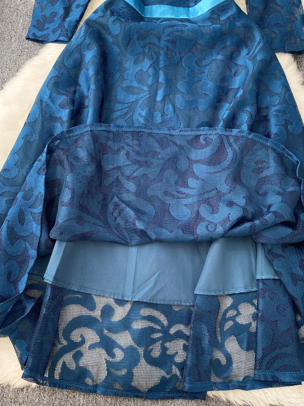 FTLZZ Nyári Őszi Elegáns Női O-nyakú, háromnegyedes ujjú, térdig érő ruha Vintage női csipkehálós patchwork fodros ruha