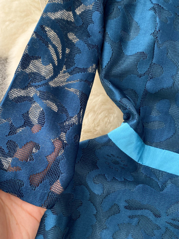 FTLZZ Nyári Őszi Elegáns Női O-nyakú, háromnegyedes ujjú, térdig érő ruha Vintage női csipkehálós patchwork fodros ruha