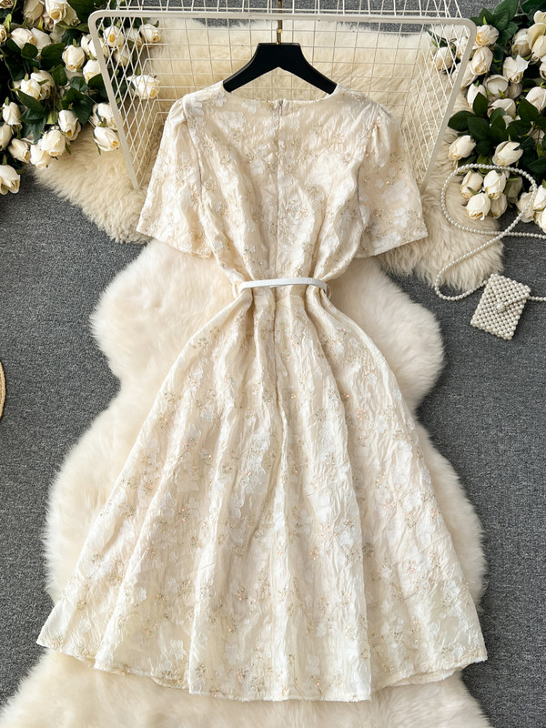 FTLZZ Nyári Elegáns Női O-nyakú csipke flitteres patchwork irodai női szolid A-vonalú ruha virágmintás ruha