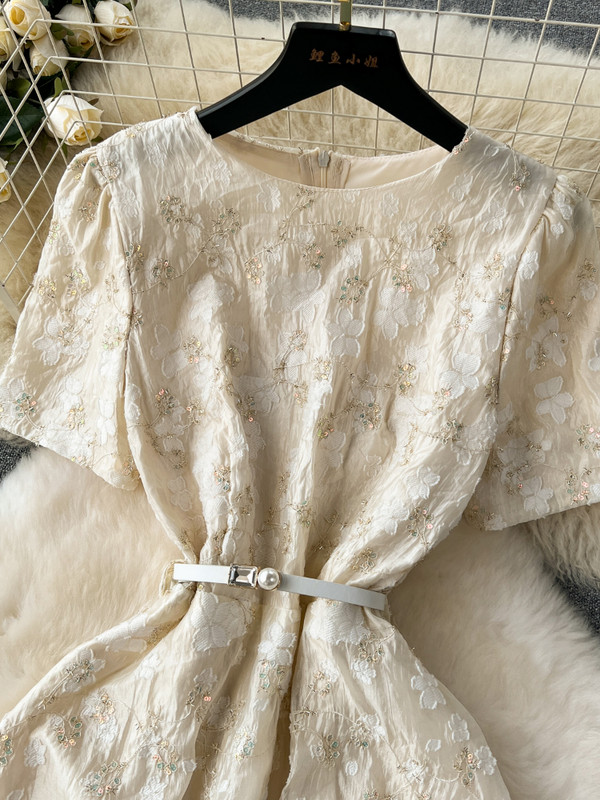 FTLZZ Nyári Elegáns Női O-nyakú csipke flitteres patchwork irodai női szolid A-vonalú ruha virágmintás ruha