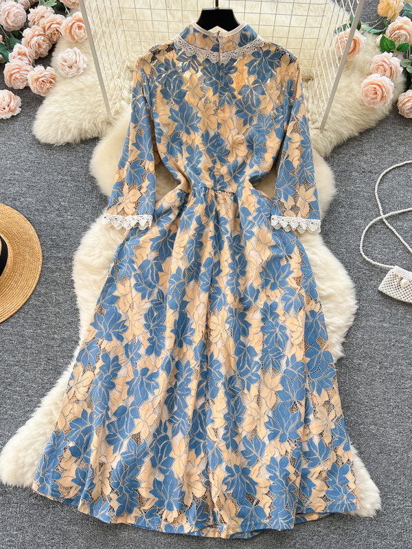 FTLZZ nyári őszi elegáns női állógalléros, csomós gombos ruha alkalmi női, virágmintás ruha, csipkés, vájt vonalú ruha