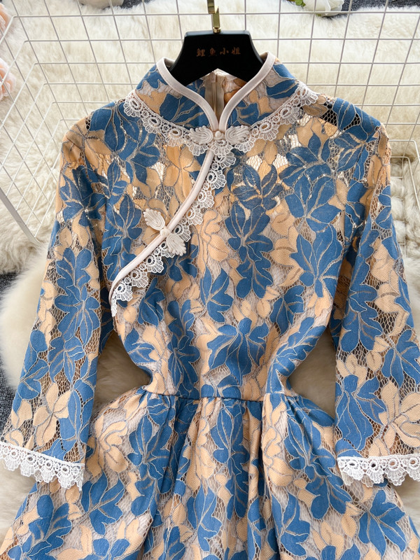 FTLZZ nyári őszi elegáns női állógalléros, csomós gombos ruha alkalmi női, virágmintás ruha, csipkés, vájt vonalú ruha