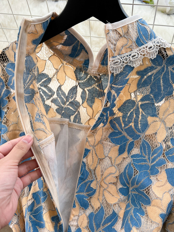 FTLZZ nyári őszi elegáns női állógalléros, csomós gombos ruha alkalmi női, virágmintás ruha, csipkés, vájt vonalú ruha