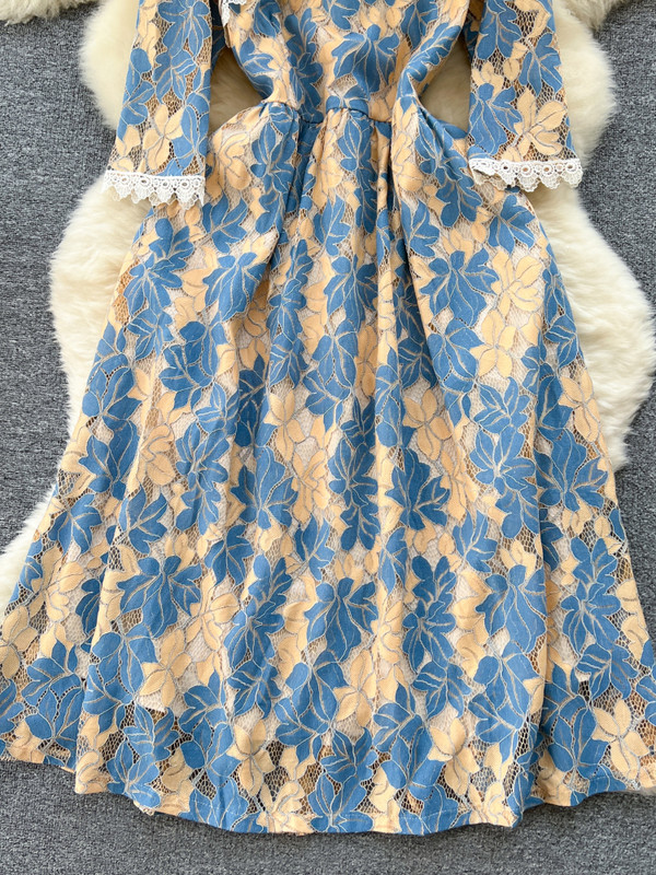 FTLZZ nyári őszi elegáns női állógalléros, csomós gombos ruha alkalmi női, virágmintás ruha, csipkés, vájt vonalú ruha