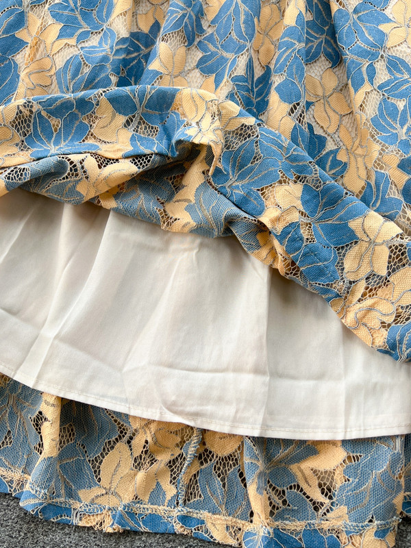 FTLZZ nyári őszi elegáns női állógalléros, csomós gombos ruha alkalmi női, virágmintás ruha, csipkés, vájt vonalú ruha