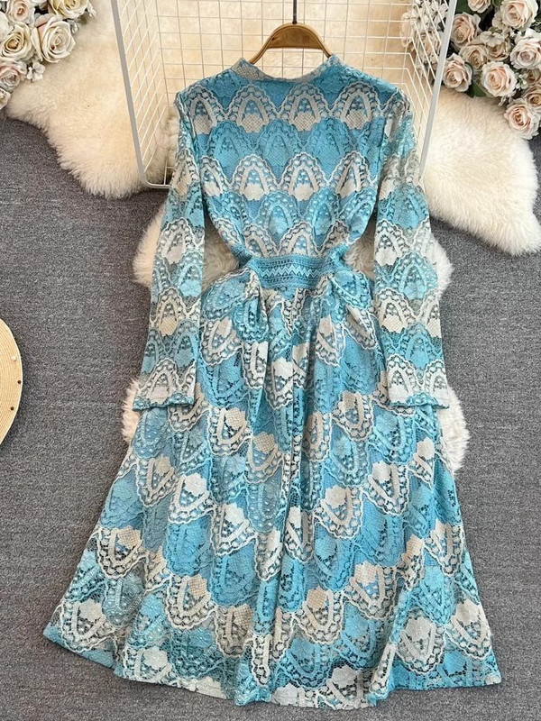 Őszi divat kampós virág hímzés üreges csipke midi ruha, női elegáns, állógallér