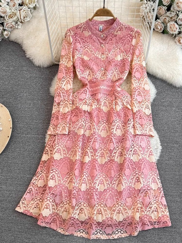 Őszi divat kampós virág hímzés üreges csipke midi ruha, női elegáns, állógallér