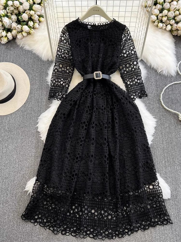 Őszi divat üreges pöttyös hímzés csipke ruha női elegáns elegáns három negyed ujjú cipzár gyémántok öv hosszú melltartók
