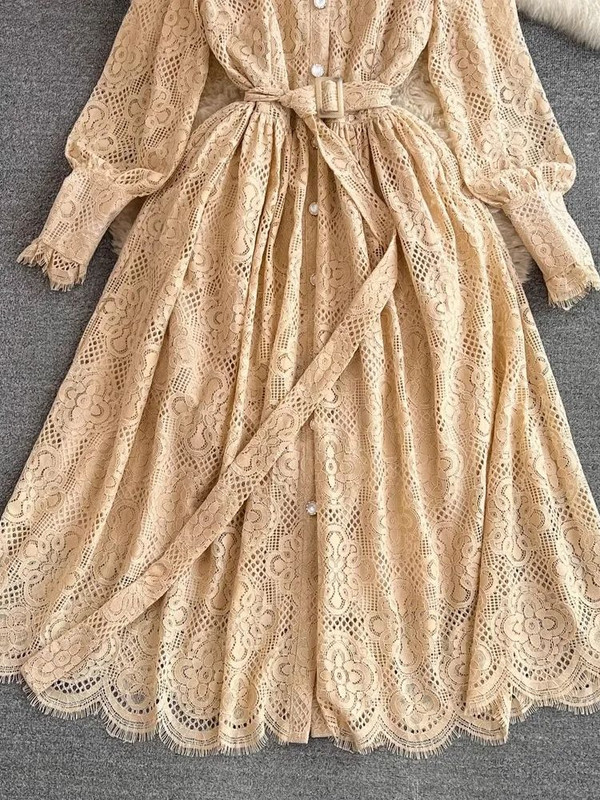 2024-es divat, alkalmi khaki csipke ingruha, hosszú, lámpás ujjú női, egysoros virágos öv, horgolt Vestidos
