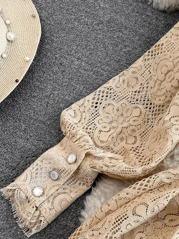2024-es divat, alkalmi khaki csipke ingruha, hosszú, lámpás ujjú női, egysoros virágos öv, horgolt Vestidos